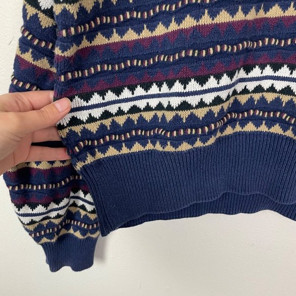 Vintage Descente Men's Sz XL 3D Knit Striped Grandpa Style Navy Maroon Sweater - Picture 3 of 8